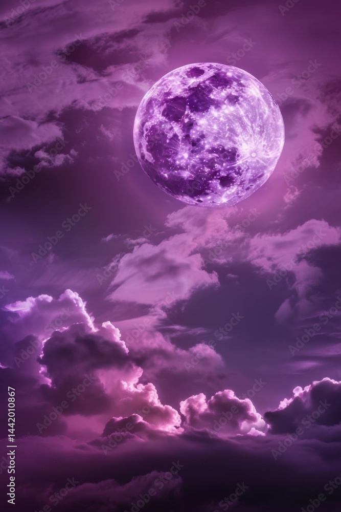 Fototapeta premium Vibrant lavender moon illuminates the night sky filled with wispy clouds in a serene cosmic display