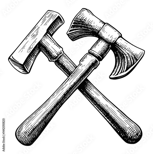 Engraving of Hammer and Axe Crossed on White Background