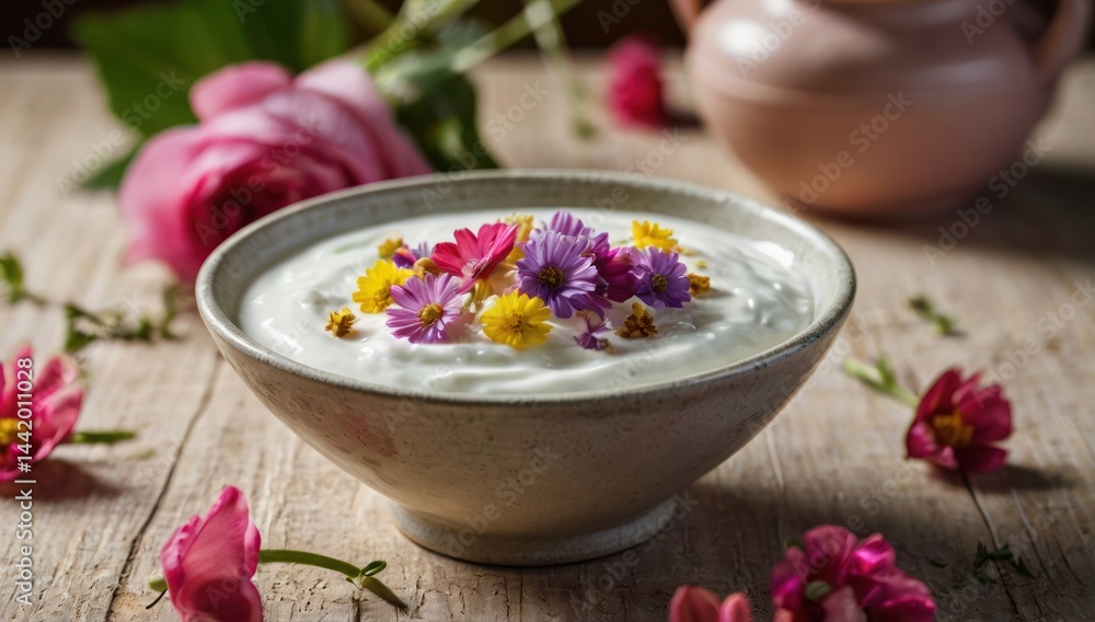 bowl of yogurt with flowers, beautiful, delicious food, recipe photography, realistic, natural light, colorful, food art, object photography, still life food photography, ultra hd, bokeh bowl of yogurt with flowers, beautiful, delicious food, recipe photography, realistic, natural light, colorful, food art, object photography, still life food photography, ultra hd, bokeh
