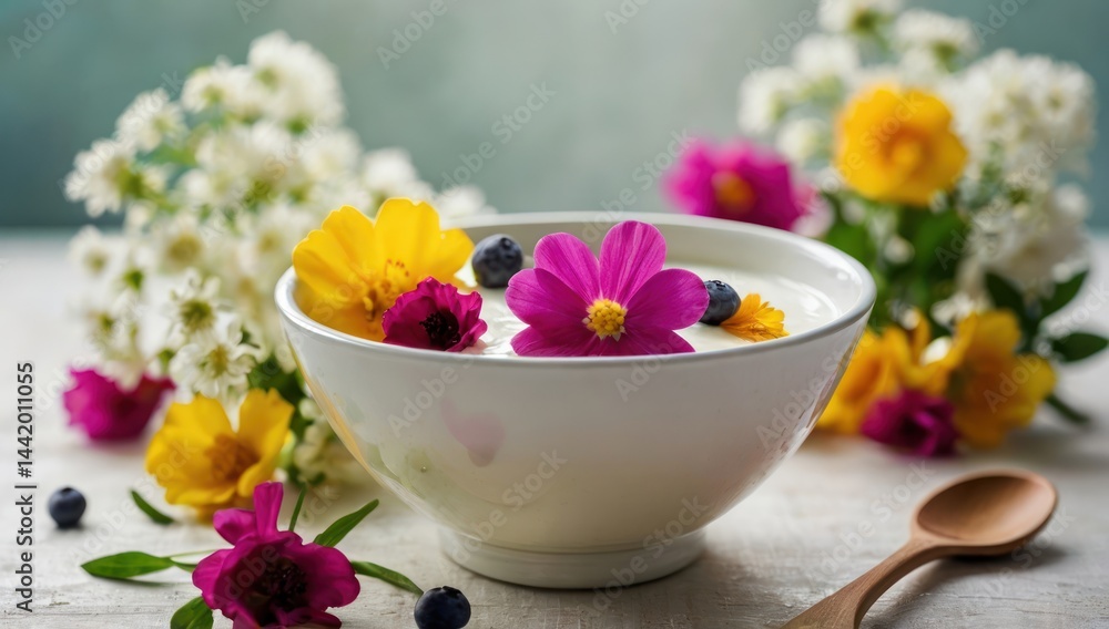 bowl of yogurt with flowers, beautiful, delicious food, recipe photography, realistic, natural light, colorful, food art, object photography, still life food photography, ultra hd, bokeh bowl of yogurt with flowers, beautiful, delicious food, recipe photography, realistic, natural light, colorful, food art, object photography, still life food photography, ultra hd, bokeh