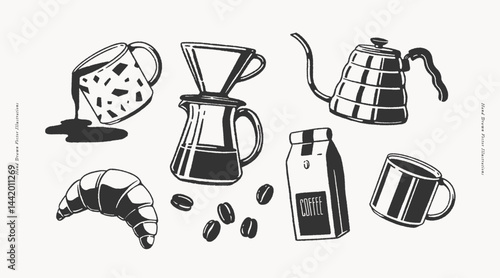 Set of coffee brewing and serving items including mugs, coffee pot, kettle, beans, package, and croissant. Hand-drawn vector illustration. Coffee preparation and breakfast concept for design and print