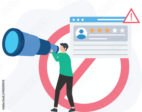 Man using a telescope trying to find online reviews, but a forbidden sign is preventing him from doing so, concept of fake reviews and censorship

