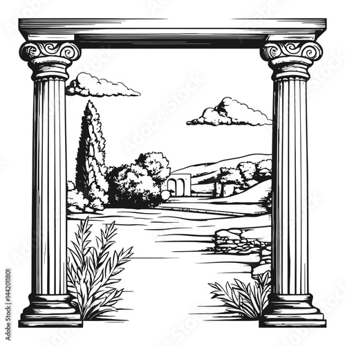 Ancient Architectural Engraving with Columns and Scenic Landscape