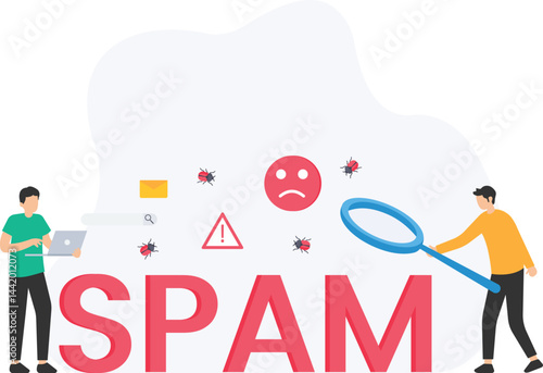 Two programmers are identifying spam using a magnifying glass and laptop, surrounded by bugs, warning signs, and a sad face emoji, representing the concept of detecting and blocking spam

