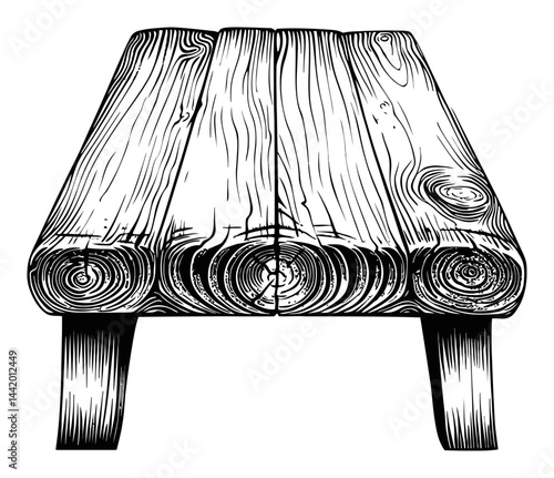 Detailed Engraving Illustration of a Wooden Table with Rustic Features