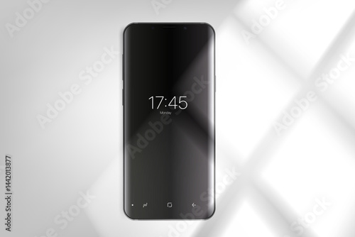 Modern smartphone on bright background with window light. 3d vector mockup