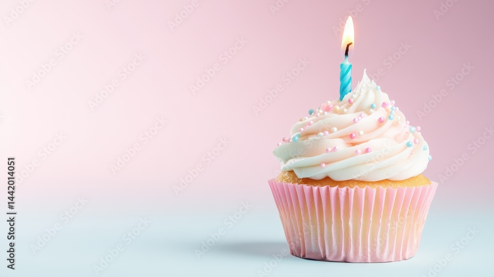 Birthday cupcake with candle: A single, delicious cupcake adorned with creamy frosting, colorful sprinkles, and a lit candle. Perfect for celebrating a birthday or special occasion.