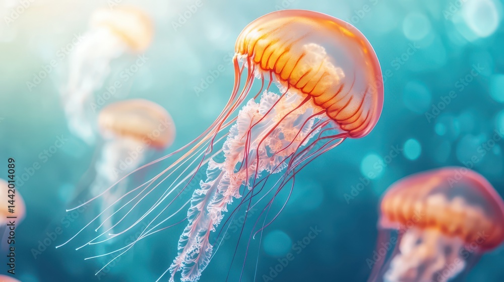 Submerged Jellyfish Symphony: a vivid tableau of translucent jellyfish gracefully navigate the depths of an azure sea, their ethereal forms illuminated by the sun's soft rays.