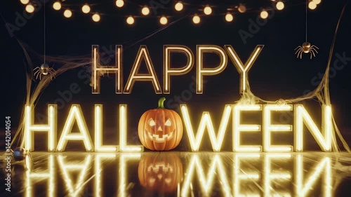 Glowing neon happy halloween sign, with a carved pumpkin and spiderwebs, changes colors, perfect for spooky celebrations.