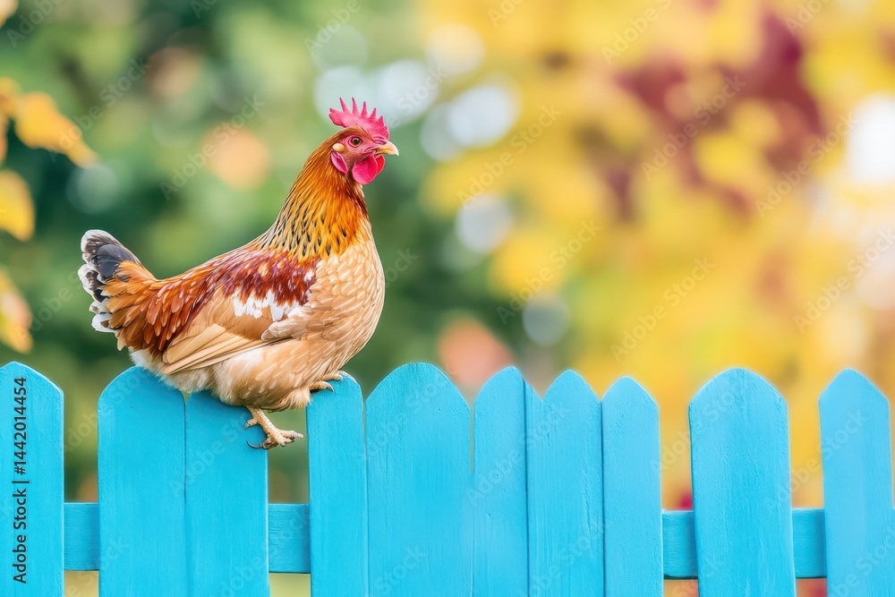 Rooster on Fence: Capturing the essence of rural life, a vibrant rooster perches upon a light blue fence, surveying its domain against a backdrop of autumn foliage.