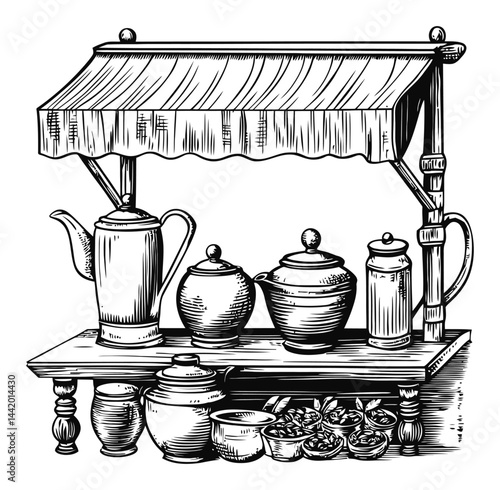 Vintage Engraving of Market Stall with Teapots and Kitchenware