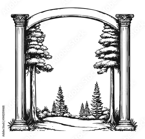Detailed Engraving Illustration of Archway with Trees and Landscape