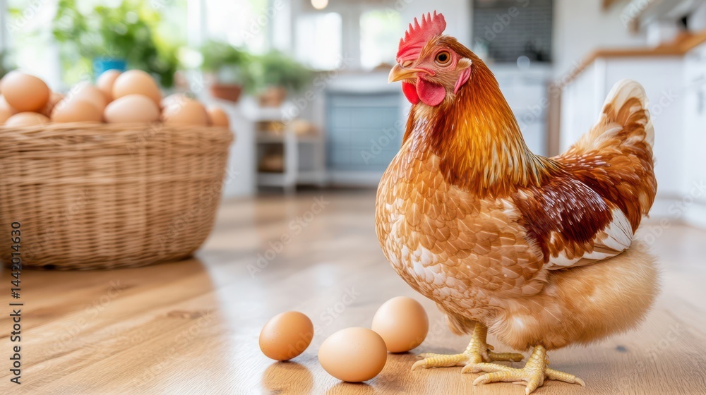 Golden Hen's Bounty: Capturing a moment of rural charm, a majestic hen stands proudly near her fresh, golden eggs and a basket overflowing with more.