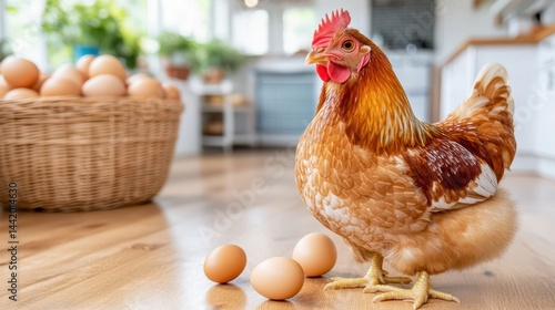 Obraz na płótnie Golden Hen's Bounty: Capturing a moment of rural charm, a majestic hen stands proudly near her fresh, golden eggs and a basket overflowing with more. w salonie