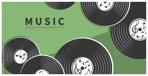 Musical horizontal banner with vinyl records and notes. Design postera for cover album, music events, invitation, advertising. Vector illustration