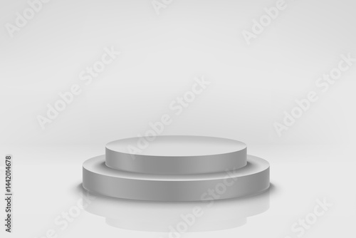 Bright interior with grey podium. 3d vector illustration with copy space