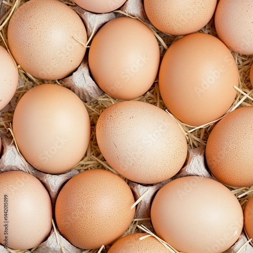 Obraz na płótnie Fresh Eggs in a Carton: An overhead shot presents a close-up of a carton overflowing with fresh, brown eggs, nestled comfortably within their compartments. w salonie