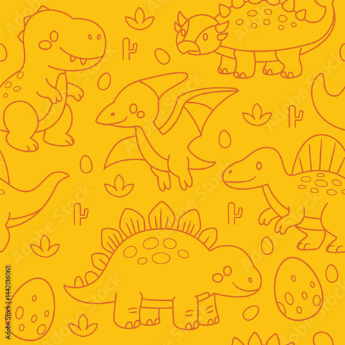 Cute baby dinosaurs outline doodle seamless pattern illustration