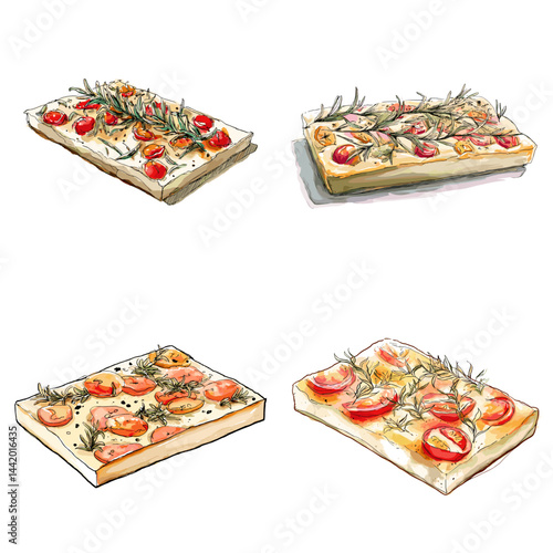 Watercolor focaccia bread with tomatoes and rosemary. Perfect for artisan bakery branding, Italian cuisine, recipe books, or organic food illustrations. Isolated on white background.

