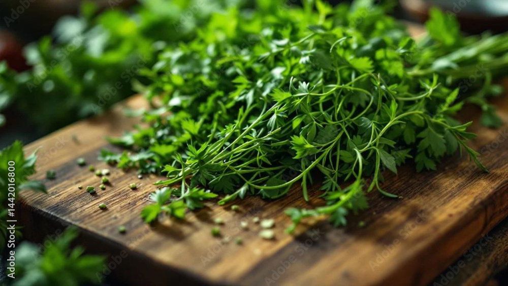 Fresh herbs on the wooden chopping board.