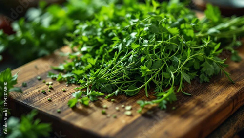 Obraz na płótnie Fresh herbs on the wooden chopping board. w salonie