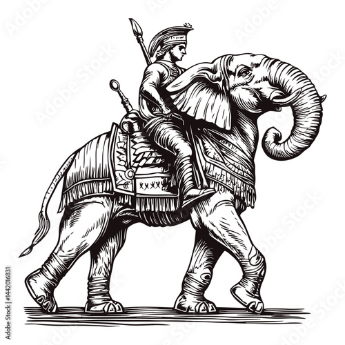 Detailed Engraving of a Warrior Riding an Elephant in Dynamic Stance