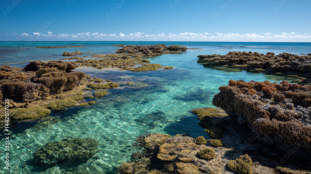Crystal-clear turquoise ocean water flows gently between vibrant coral formations and rocky outcrops under a clear blue sky in a breathtaking tropical seascape. Crystal-clear turquoise ocean water flows gently between vibrant coral formations and rocky outcrops under a clear blue sky in a breathtaking tropical seascape.