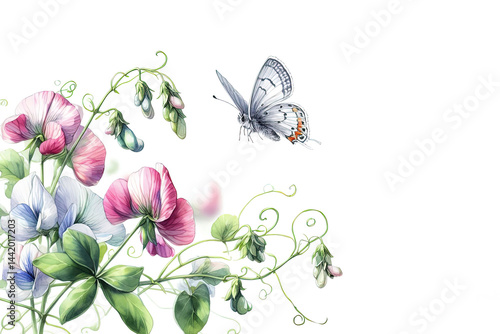 Fototapeta Naklejka Na Ścianę i Meble -  A greeting card with Chthonic watercolor of a sparse tendrils on a  flower like sweat peas with a wildness of a grey hairstreak in the wilderness area