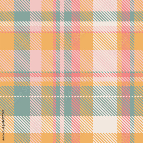 Idea check textile plaid, grungy fabric seamless texture. Model tartan background vector pattern in orange and pastel colors.