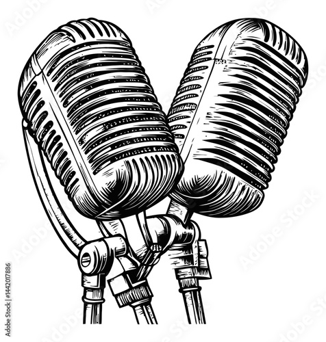 Vintage Style Engraving of Two Classic Microphones Illustration