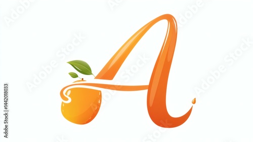 Elegant Orange Letter A with Green Leaves and Drip on a White Background