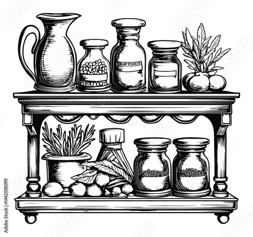 Detailed Engraving of Kitchen Shelves with Herbs and Jars