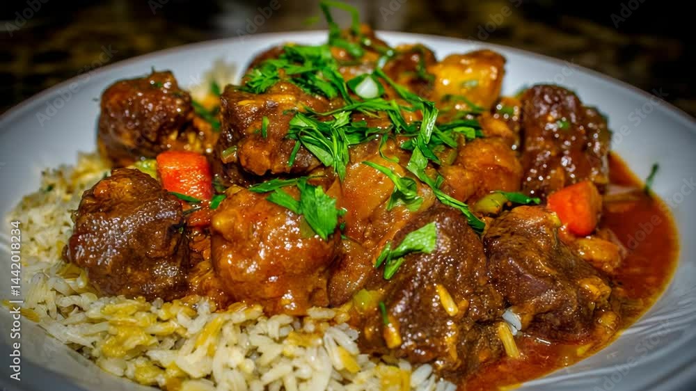Tender meat dish served over fragrant rice with fresh herbs and vegetables for a flavorful meal experience