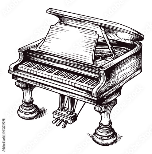 Intricate Engraving of a Classic Grand Piano with Folded Sheet Music