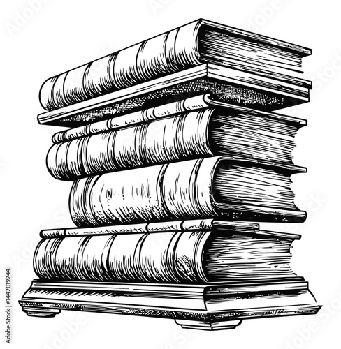 Vintage Engraving of Stacked Books Illustrating Classic Literature