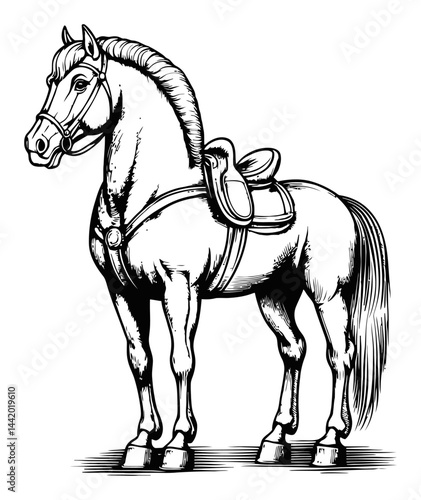 Detailed Black and White Engraving of a Standing Horse with Saddle