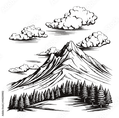 Engraving of Mountain Landscape with Clouds and Pine Trees