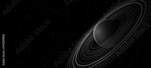 Abstract planet Saturn with ring around and Shining Starry sky. Scientific presentation backdrop for online webinar. Black outer space concept. Cosmic Science background. Vector illustration