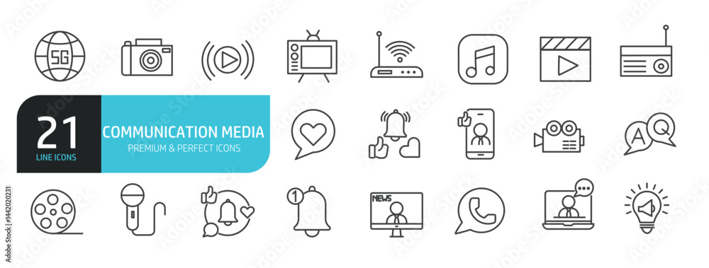 Set of line icons related to communication, media, network. Outline icons collection. Editable stroke. Vector illustration Set of line icons related to communication, media, network. Outline icons collection. Editable stroke. Vector illustration