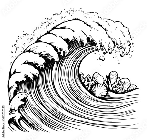 Detailed Black and White Engraving of a Powerful Ocean Wave
