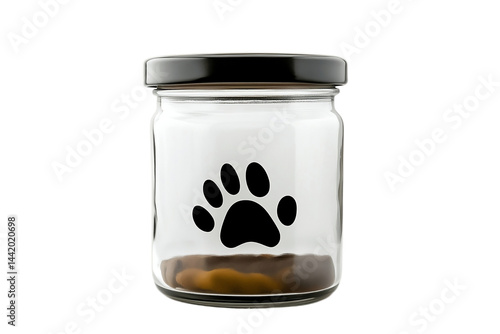 Glass jar for pet treats with paw print.