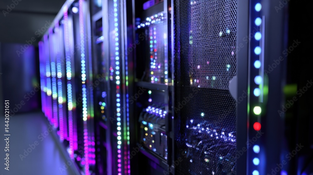 Naklejka premium A row of illuminated server racks with colorful LED lights in a modern data center.