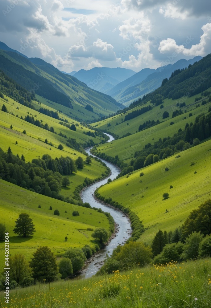 Fototapeta premium A tranquil green valley with a winding river through vibrant meadows and tree-lined banks under a dramatic cloudscape Generative AI
