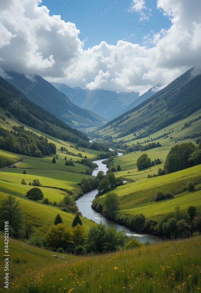 Fototapeta premium A tranquil green valley with a winding river through vibrant meadows and tree-lined banks under a dramatic cloudscape Generative AI