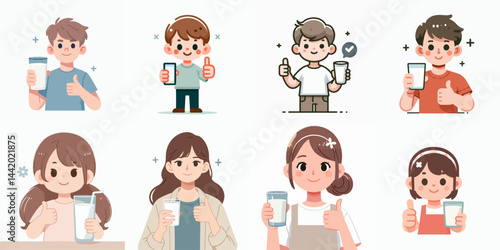 vector collection of a child drinking a glass of milk and giving a thumbs up