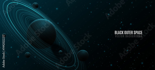 Universe Science background. Abstract planet Saturn with ring around and other planets. Shining starry sky. Scientific presentation backdrop for conference. Vector illustration
