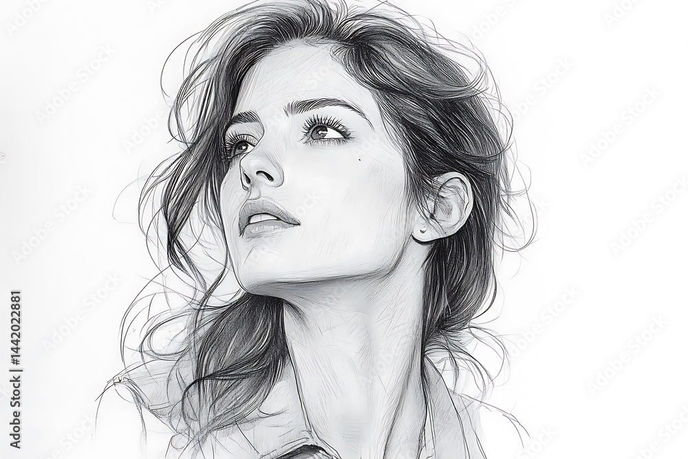 Detailed grayscale portrait of a woman looking upward. Detailed grayscale portrait of a woman looking upward.