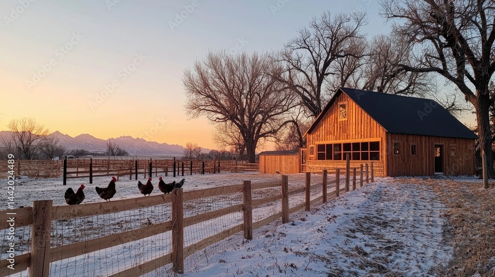 Rustic barn at dawn with chickens Rustic barn at dawn with chickens
