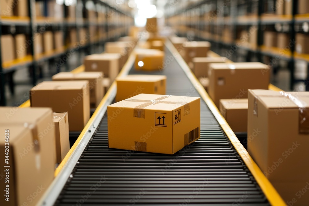 Cardboard boxes on conveyor belt in warehouse (1) Cardboard boxes on conveyor belt in warehouse (1)
