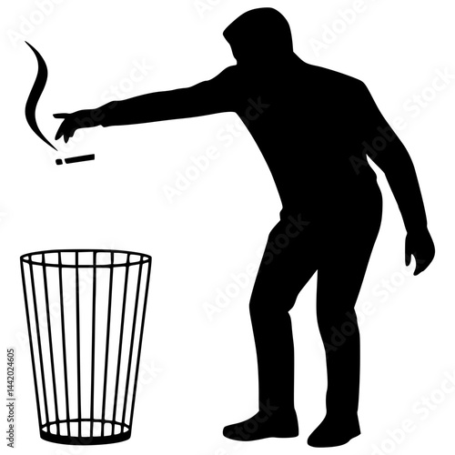 Silhouette of a person throwing a cigarette into a trash can, arm extended, pure black vector on a white background